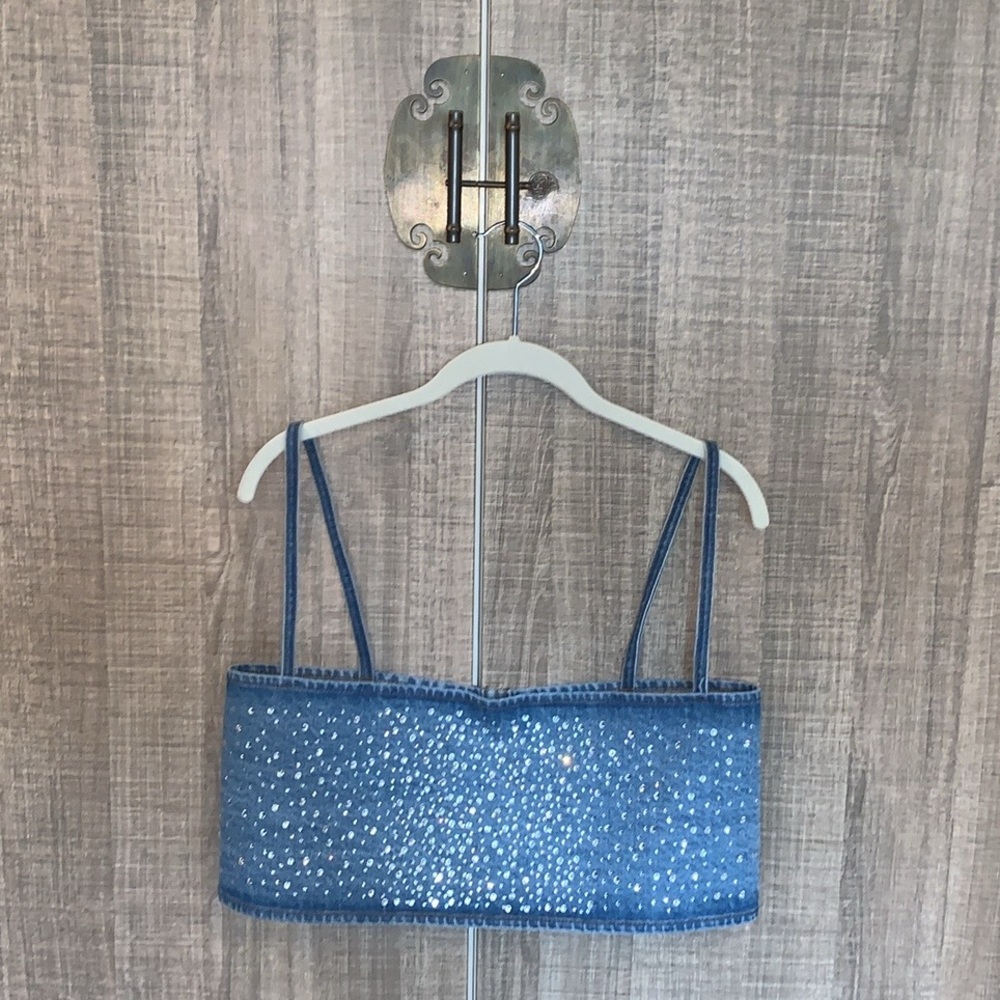Zara‎ Rhinestones Denim Cropped Top